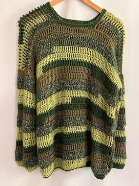 Unbranded Hand Knit Open Knit Green Striped Sweater One of a Kind Grunge Medium